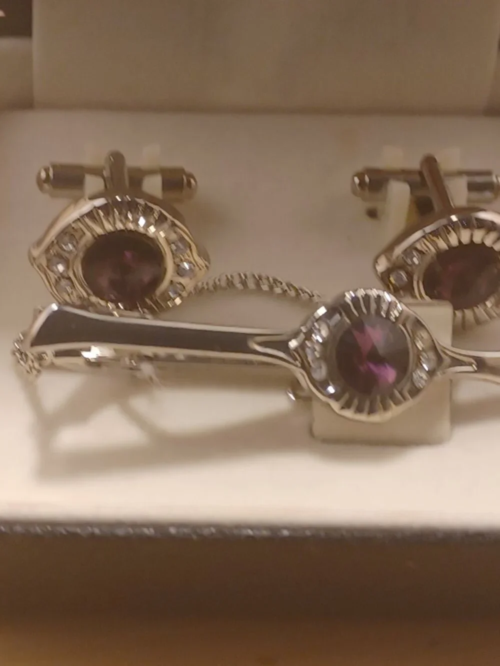 Vintage Glass and Rhinestones Cuff Links with Tie -Clip